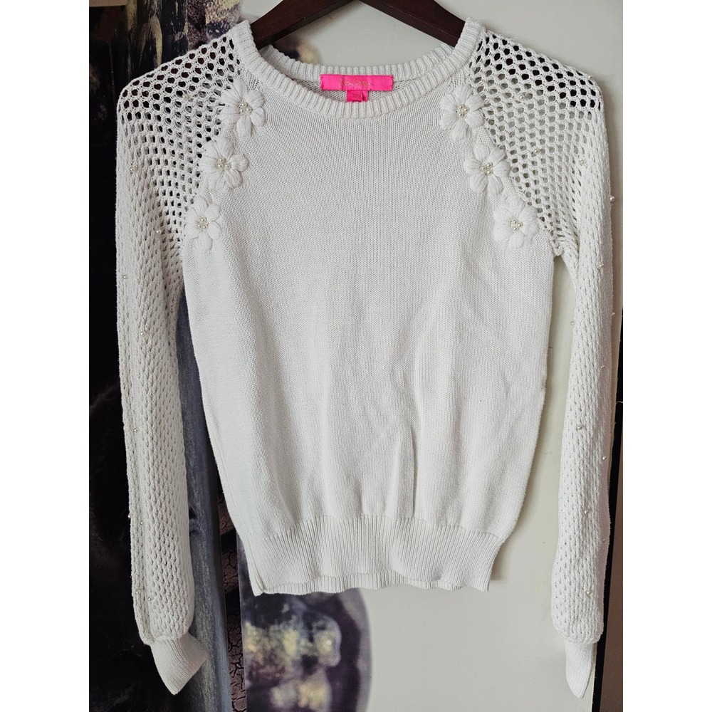 Lilly Pulitzer Faira White Cotton Pearl Floral Mesh Sleeve Sweater XXS